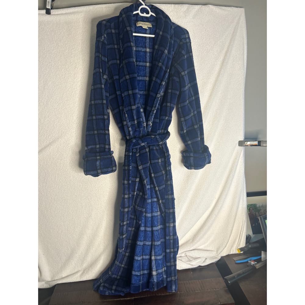 Tommy Bahama Mens Blue Plaid Fleece Plush Robe Shawl Collar Size SM